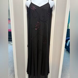 Betsy & Adam Elegant Black Floral Dress with pink floral beaded designs